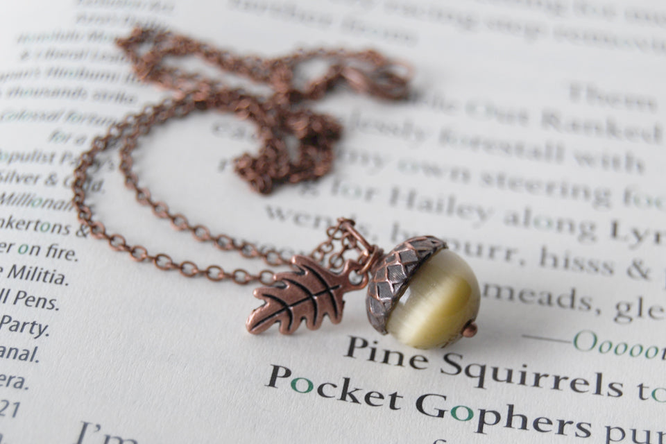 Saffron and Copper Acorn Necklace | Cute Nature Acorn Charm Necklace | Fall Acorn Necklace | Woodland Gemstone Acorn | Nature Jewelry - Enchanted Leaves - Nature Jewelry - Unique Handmade Gifts