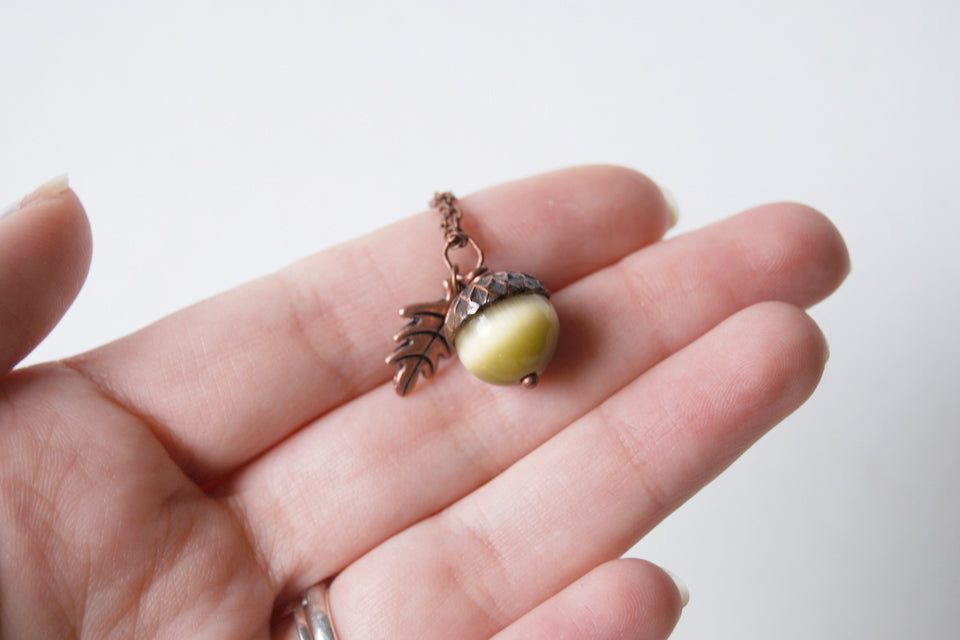 Saffron and Copper Acorn Necklace | Cute Nature Acorn Charm Necklace | Fall Acorn Necklace | Woodland Gemstone Acorn | Nature Jewelry - Enchanted Leaves - Nature Jewelry - Unique Handmade Gifts