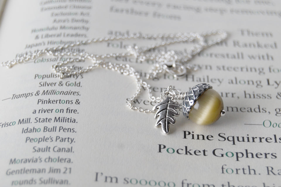 Saffron and Silver Acorn Necklace | Fall Acorn Necklace | Woodland Gemstone Acorn | Nature Jewelry - Enchanted Leaves - Nature Jewelry - Unique Handmade Gifts