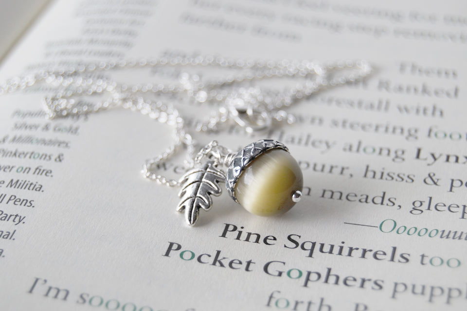 Saffron and Silver Acorn Necklace | Fall Acorn Necklace | Woodland Gemstone Acorn | Nature Jewelry - Enchanted Leaves - Nature Jewelry - Unique Handmade Gifts