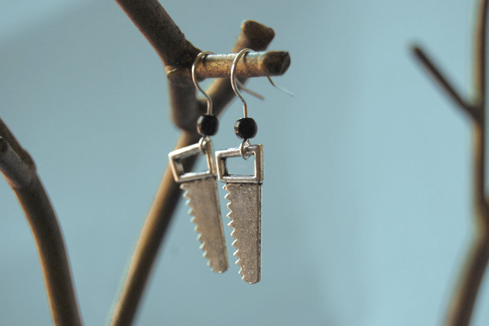 Mini Hand Saw Earrings | Silver Saw Charm Earrings | Tool Jewelry - Enchanted Leaves - Nature Jewelry - Unique Handmade Gifts