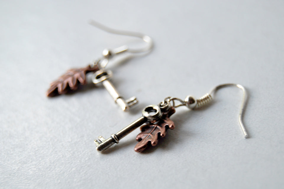Secret Garden Earrings | Leaf and Key Charm Earrings | Whimsical Forest Jewelry - Enchanted Leaves - Nature Jewelry - Unique Handmade Gifts