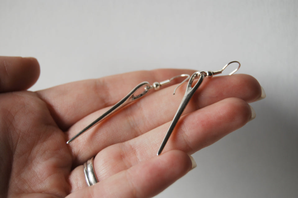 Sewing Needle Earrings | Silver Sewing Needle Charm Earrings - Enchanted Leaves - Nature Jewelry - Unique Handmade Gifts