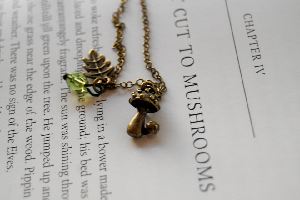 Shortcut to Mushrooms | Brass Mushroom Charm Necklace | Cute Forest Mushroom Jewelry - Enchanted Leaves - Nature Jewelry - Unique Handmade Gifts