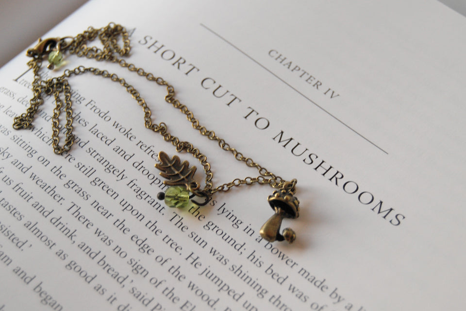 Shortcut to Mushrooms | Brass Mushroom Charm Necklace | Cute Forest Mushroom Jewelry - Enchanted Leaves - Nature Jewelry - Unique Handmade Gifts