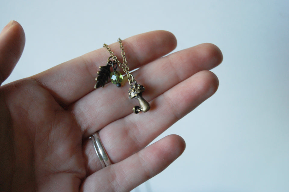 Shortcut to Mushrooms | Brass Mushroom Charm Necklace | Cute Forest Mushroom Jewelry - Enchanted Leaves - Nature Jewelry - Unique Handmade Gifts