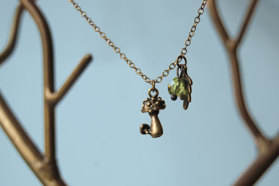 Shortcut to Mushrooms | Brass Mushroom Charm Necklace | Cute Forest Mushroom Jewelry - Enchanted Leaves - Nature Jewelry - Unique Handmade Gifts