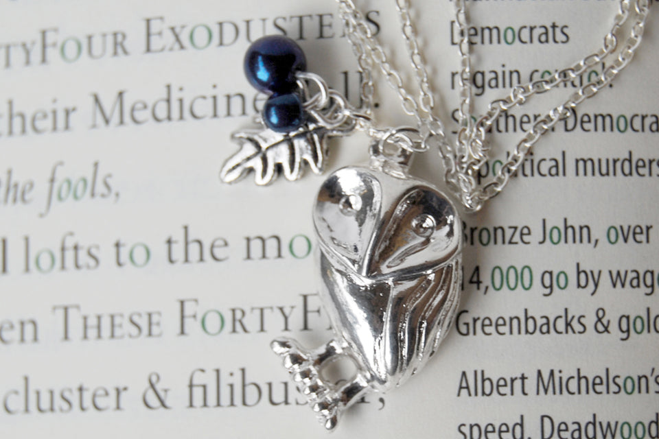 Silver Barn Owl Necklace | Forest Owl Charm Necklace | Cute Owl Jewelry - Enchanted Leaves - Nature Jewelry - Unique Handmade Gifts