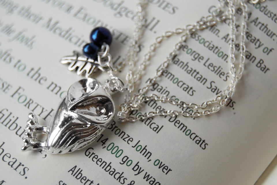 Silver Barn Owl Necklace | Forest Owl Charm Necklace | Cute Owl Jewelry - Enchanted Leaves - Nature Jewelry - Unique Handmade Gifts