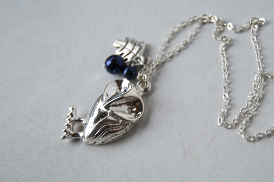 Silver Barn Owl Necklace | Forest Owl Charm Necklace | Cute Owl Jewelry - Enchanted Leaves - Nature Jewelry - Unique Handmade Gifts