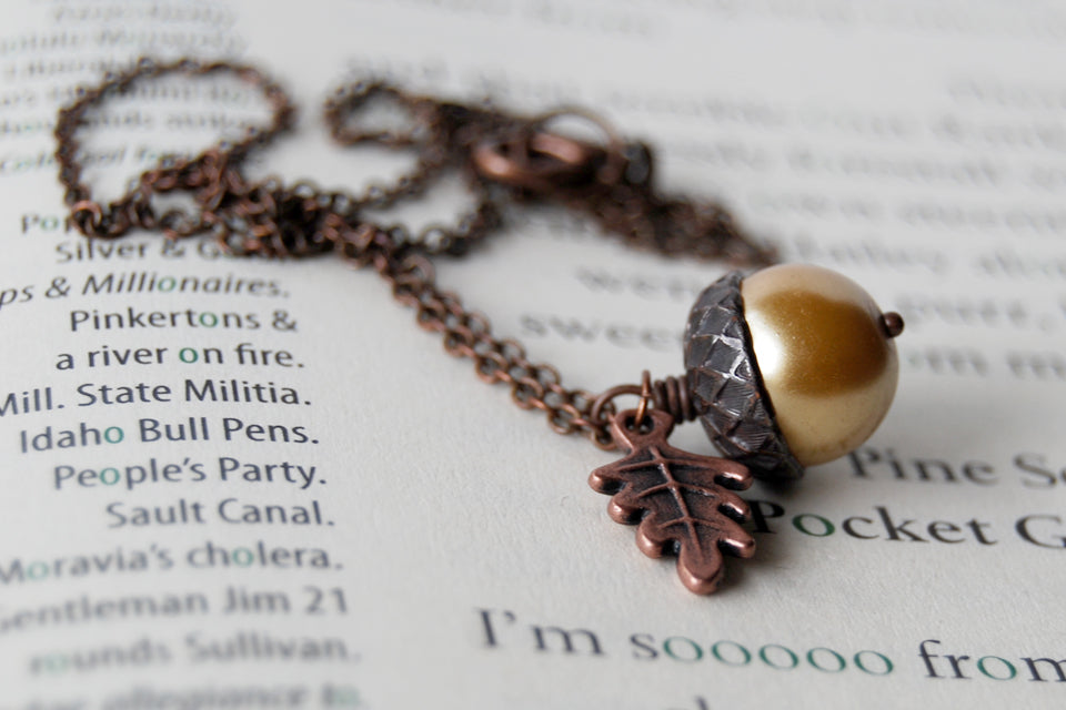 Honey & Copper Acorn Necklace | Nature Jewelry | Woodland Pearl Acorn | Fall Acorn Charm Necklace - Enchanted Leaves - Nature Jewelry - Unique Handmade Gifts