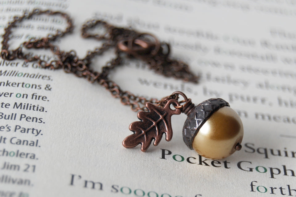 Honey & Copper Acorn Necklace | Nature Jewelry | Woodland Pearl Acorn | Fall Acorn Charm Necklace - Enchanted Leaves - Nature Jewelry - Unique Handmade Gifts