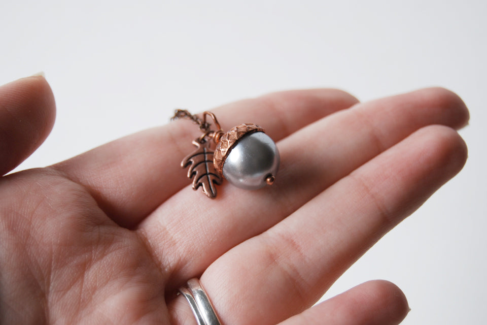 Silver and Copper Pearl Acorn Necklace | Cute Nature Acorn Charm Necklace | Fall Acorn Necklace | Woodland Pearl Acorn | Nature Jewelry - Enchanted Leaves - Nature Jewelry - Unique Handmade Gifts