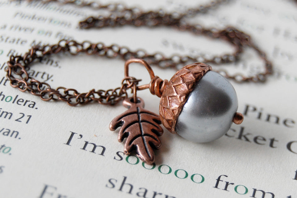 Silver and Copper Pearl Acorn Necklace | Cute Nature Acorn Charm Necklace | Fall Acorn Necklace | Woodland Pearl Acorn | Nature Jewelry - Enchanted Leaves - Nature Jewelry - Unique Handmade Gifts