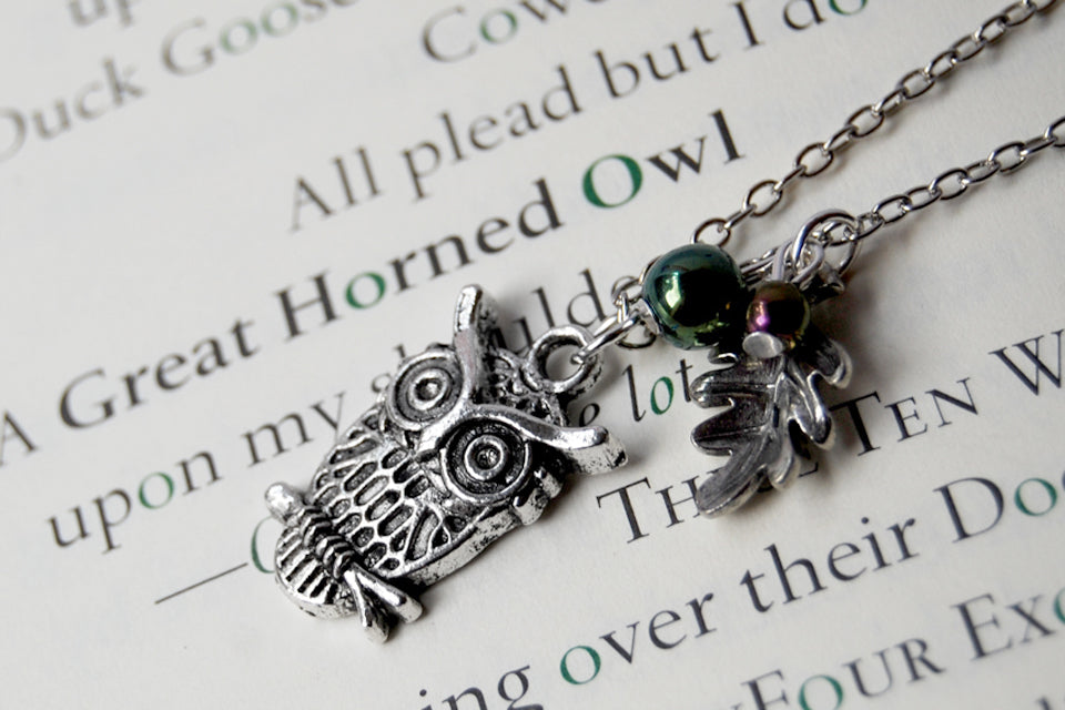 Forest Owl Necklace | Silver Owl Charm | Cute Owl Necklace - Enchanted Leaves - Nature Jewelry - Unique Handmade Gifts