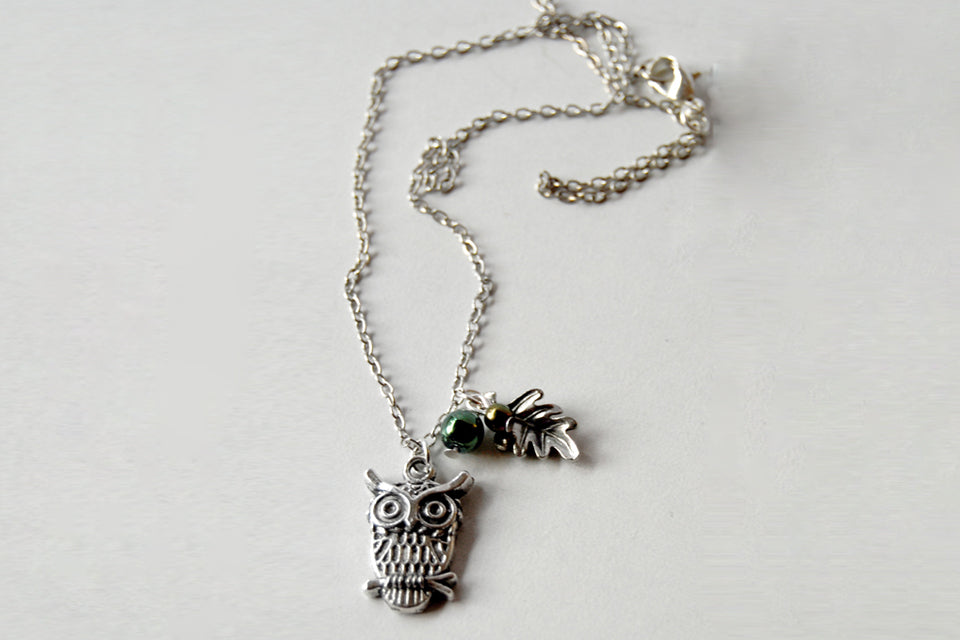 Forest Owl Necklace | Silver Owl Charm | Cute Owl Necklace - Enchanted Leaves - Nature Jewelry - Unique Handmade Gifts