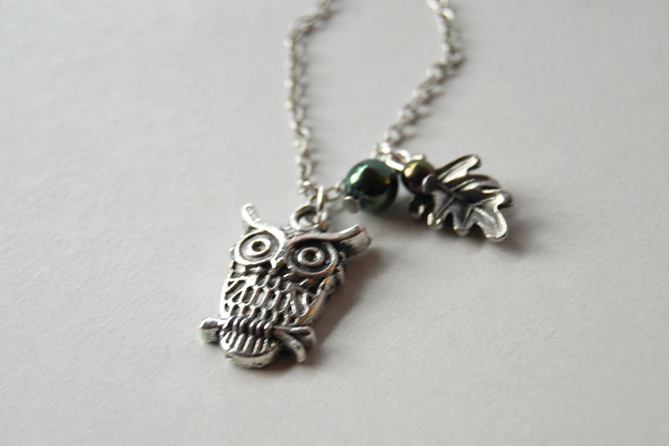 Forest Owl Necklace | Silver Owl Charm | Cute Owl Necklace - Enchanted Leaves - Nature Jewelry - Unique Handmade Gifts