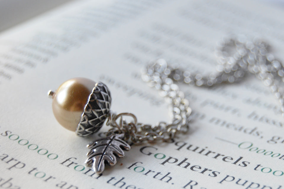 Honey & Silver Acorn Necklace | Nature Jewelry | Woodland Pearl Acorn | Fall Acorn Charm Necklace - Enchanted Leaves - Nature Jewelry - Unique Handmade Gifts