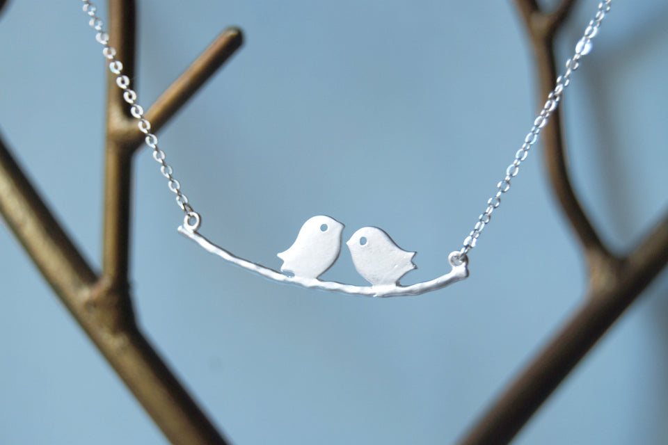 Silver Love Birds | Bird on a Branch Necklace | Mother and Child Necklace | Bird Family Necklace - Enchanted Leaves - Nature Jewelry - Unique Handmade Gifts