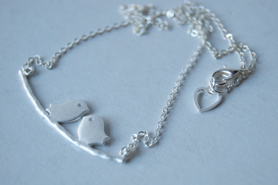 Silver Love Birds | Bird on a Branch Necklace | Mother and Child Necklace | Bird Family Necklace - Enchanted Leaves - Nature Jewelry - Unique Handmade Gifts