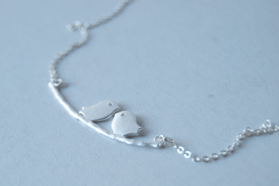 Silver Love Birds | Bird on a Branch Necklace | Mother and Child Necklace | Bird Family Necklace - Enchanted Leaves - Nature Jewelry - Unique Handmade Gifts