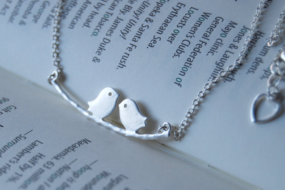 Silver Love Birds | Bird on a Branch Necklace | Mother and Child Necklace | Bird Family Necklace - Enchanted Leaves - Nature Jewelry - Unique Handmade Gifts