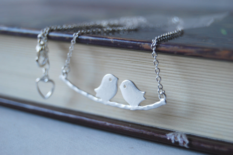 Bird Family Necklace | Silver Bird on Branch | Mother and Child Necklace | Cute Woodland Jewelry - Enchanted Leaves - Nature Jewelry - Unique Handmade Gifts