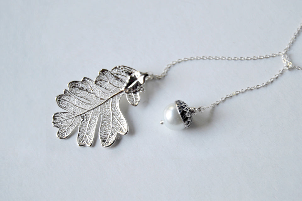 Silver Oak Leaf and Acorn Lariat | Electroformed Nature | Fall Leaf Lariat - Enchanted Leaves - Nature Jewelry - Unique Handmade Gifts