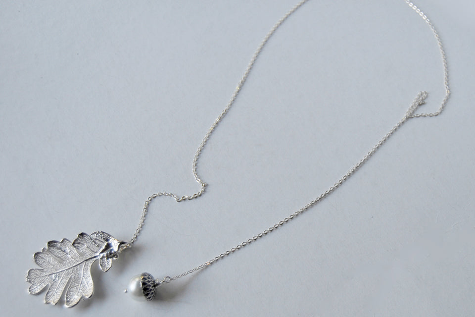 Silver Oak Leaf and Acorn Lariat | Electroformed Nature | Fall Leaf Lariat - Enchanted Leaves - Nature Jewelry - Unique Handmade Gifts