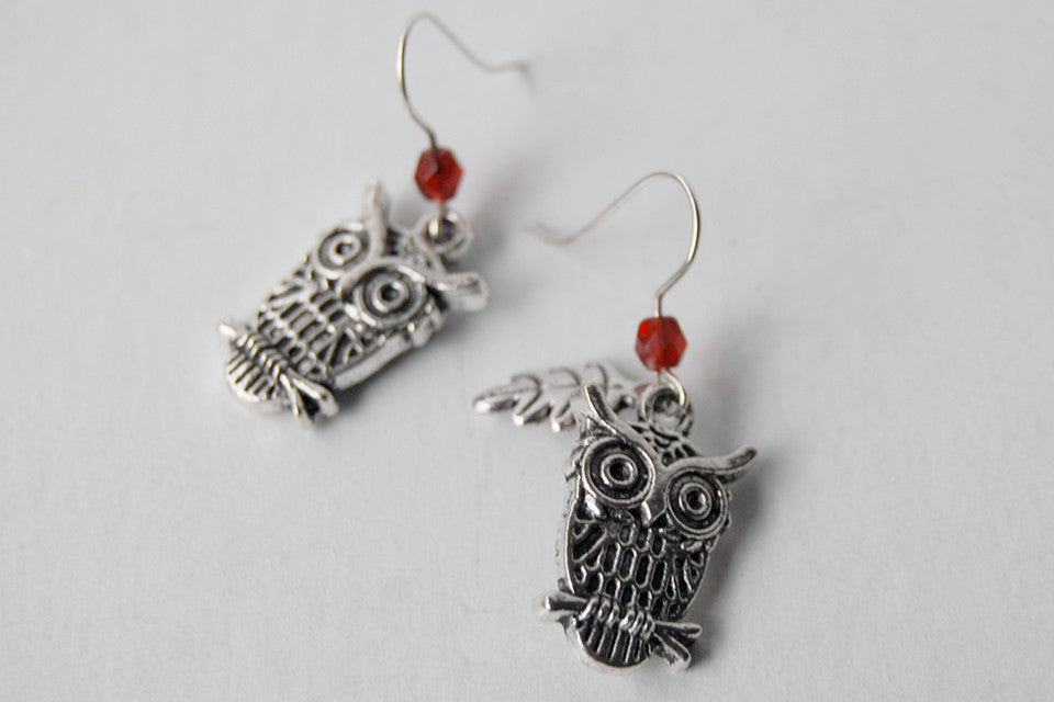 Great Horned Owl Earrings | Cute Silver Owl Charm Earrings - Enchanted Leaves - Nature Jewelry - Unique Handmade Gifts