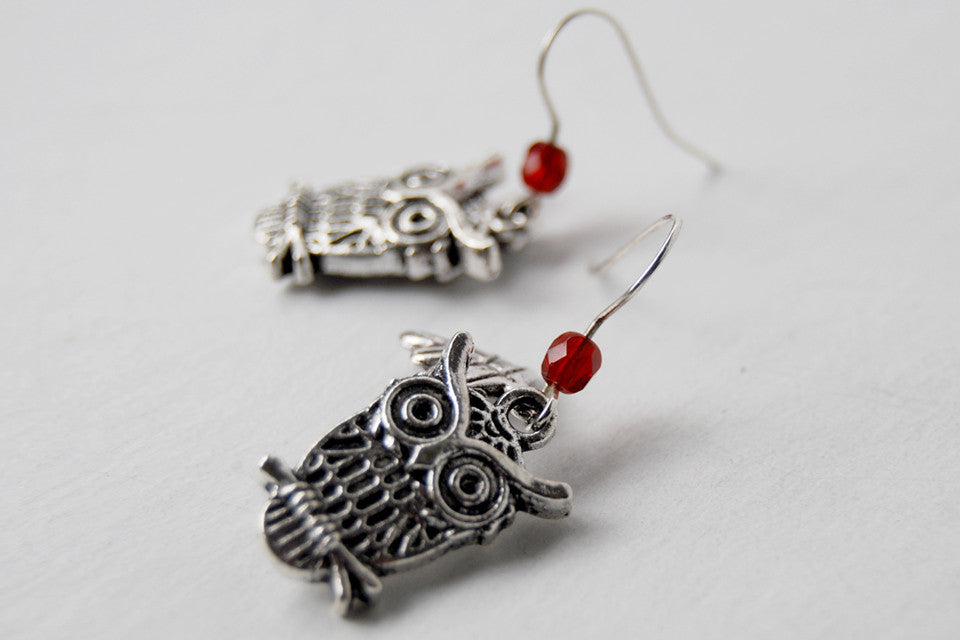 Great Horned Owl Earrings | Cute Silver Owl Charm Earrings - Enchanted Leaves - Nature Jewelry - Unique Handmade Gifts