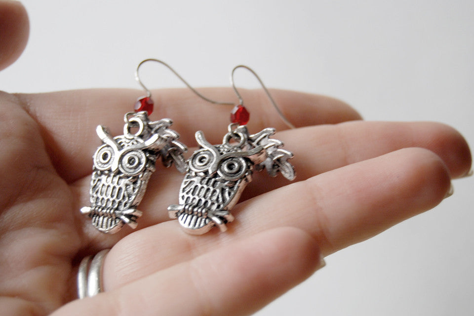 Great Horned Owl Earrings | Cute Silver Owl Charm Earrings - Enchanted Leaves - Nature Jewelry - Unique Handmade Gifts