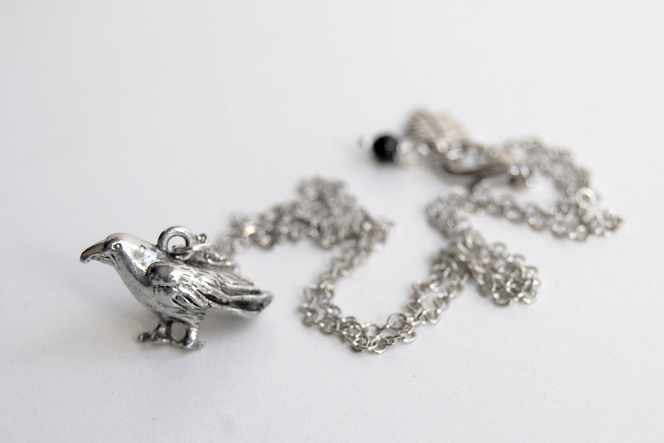 Silver Raven Necklace | Raven Charm Necklace | Cute Bird Jewelry - Enchanted Leaves - Nature Jewelry - Unique Handmade Gifts