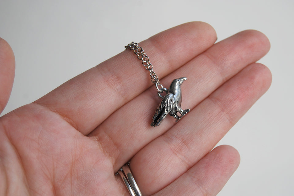 Silver Raven Necklace | Raven Charm Necklace | Cute Bird Jewelry - Enchanted Leaves - Nature Jewelry - Unique Handmade Gifts