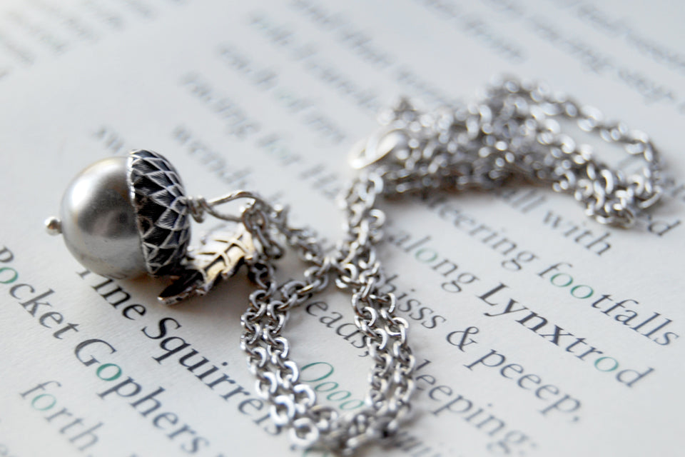 Silver Pearl Acorn Necklace | Cute Nature Acorn Charm Necklace | Fall Acorn Necklace | Woodland Acorn | Nature Jewelry - Enchanted Leaves - Nature Jewelry - Unique Handmade Gifts