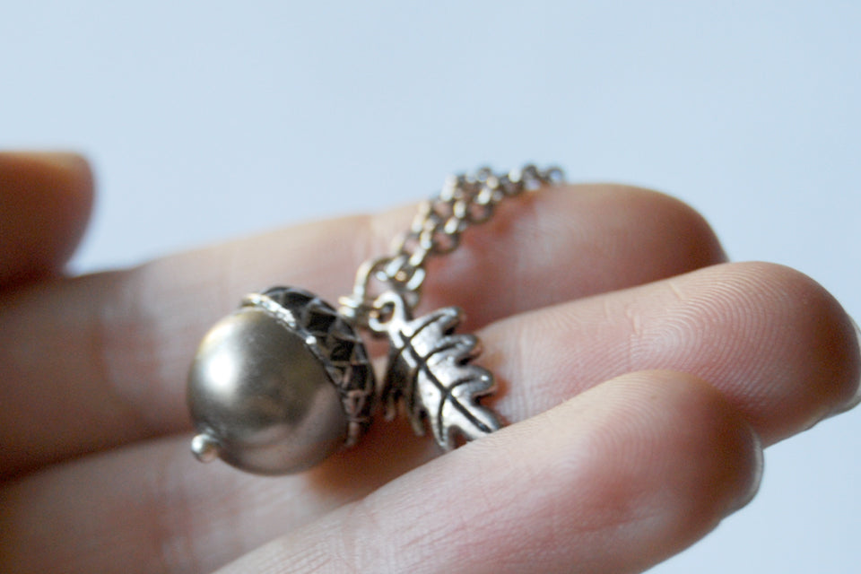 Silver Pearl Acorn Necklace | Cute Nature Acorn Charm Necklace | Fall Acorn Necklace | Woodland Acorn | Nature Jewelry - Enchanted Leaves - Nature Jewelry - Unique Handmade Gifts