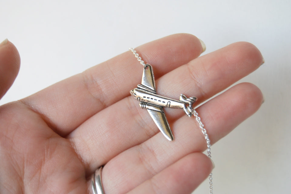 Silver Airplane Necklace | Airplane Charm Necklace | Airplane Jewelry - Enchanted Leaves - Nature Jewelry - Unique Handmade Gifts