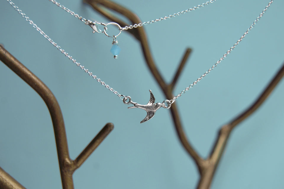 Little Swallow Bird Necklace | Silver Bird Charm Necklace | Rockabilly Jewelry - Enchanted Leaves - Nature Jewelry - Unique Handmade Gifts