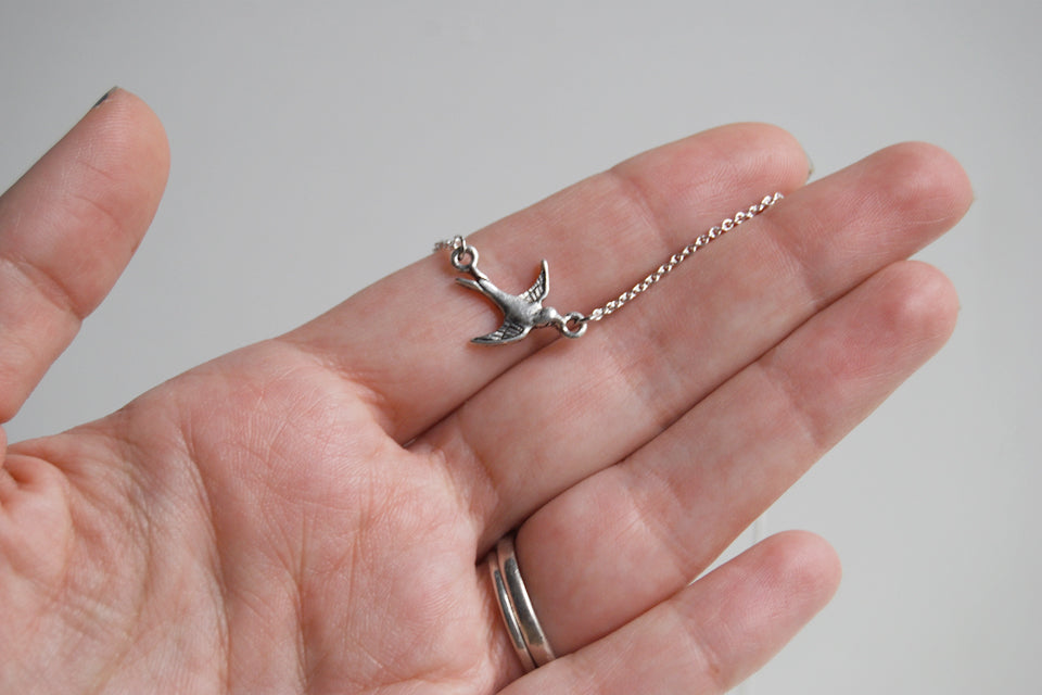 Little Swallow Bird Necklace | Silver Bird Charm Necklace | Rockabilly Jewelry - Enchanted Leaves - Nature Jewelry - Unique Handmade Gifts