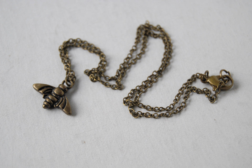 Tiny Brass Bee Charm Necklace - Enchanted Leaves - Nature Jewelry - Unique Handmade Gifts