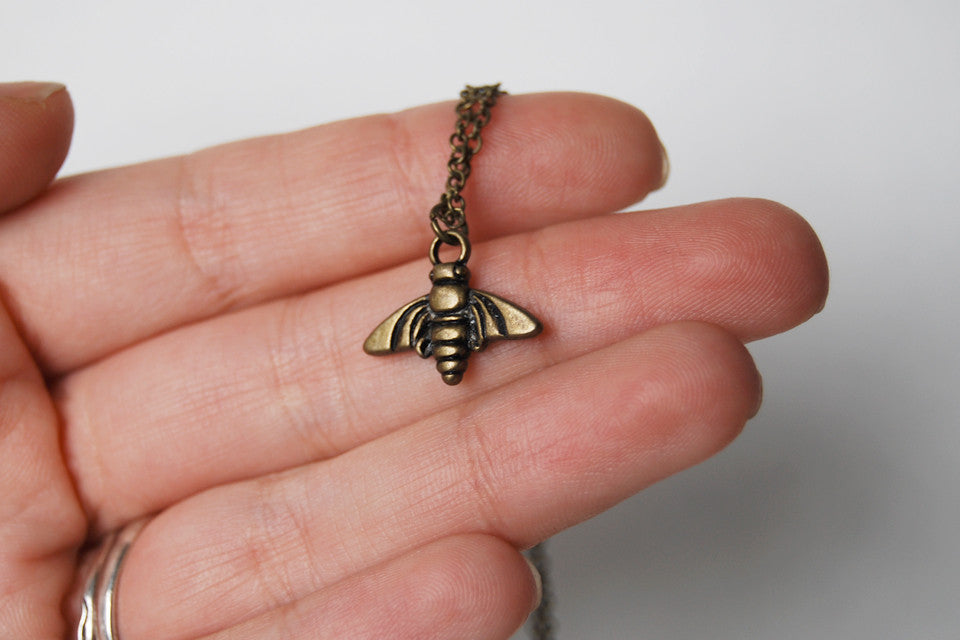 Tiny Brass Bee Charm Necklace - Enchanted Leaves - Nature Jewelry - Unique Handmade Gifts