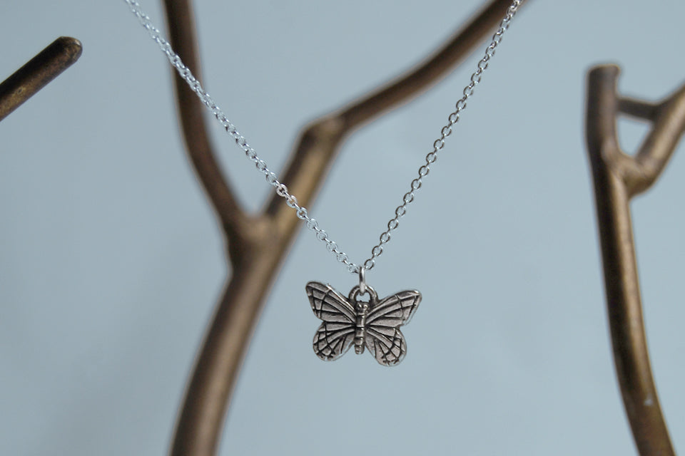 Small Silver Butterfly Necklace | Butterfly Charm Necklace - Enchanted Leaves - Nature Jewelry - Unique Handmade Gifts