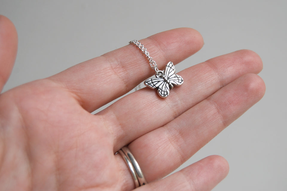 Small Silver Butterfly Necklace | Butterfly Charm Necklace - Enchanted Leaves - Nature Jewelry - Unique Handmade Gifts