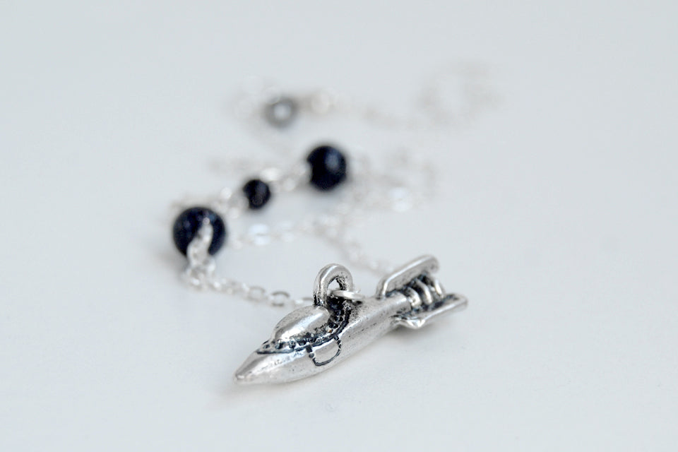 Spaceship Necklace | Silver Rocket Charm Necklace | Blue Goldstone Jewelry - Enchanted Leaves - Nature Jewelry - Unique Handmade Gifts
