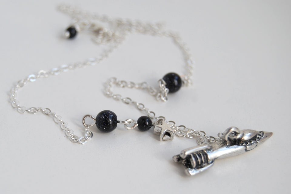 Spaceship Necklace | Silver Rocket Charm Necklace | Blue Goldstone Jewelry - Enchanted Leaves - Nature Jewelry - Unique Handmade Gifts