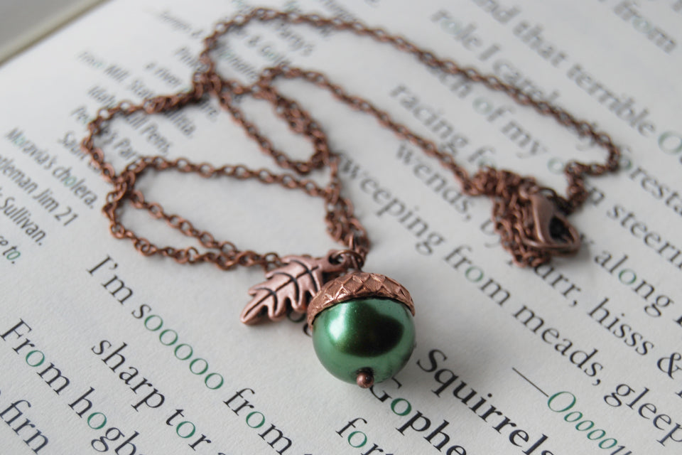 Spring and Copper Pearl Acorn Necklace | Cute Nature Acorn Charm Necklace | Fall Acorn Necklace | Woodland Pearl Acorn | Nature Jewelry - Enchanted Leaves - Nature Jewelry - Unique Handmade Gifts