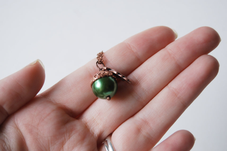 Spring and Copper Pearl Acorn Necklace | Cute Nature Acorn Charm Necklace | Fall Acorn Necklace | Woodland Pearl Acorn | Nature Jewelry - Enchanted Leaves - Nature Jewelry - Unique Handmade Gifts