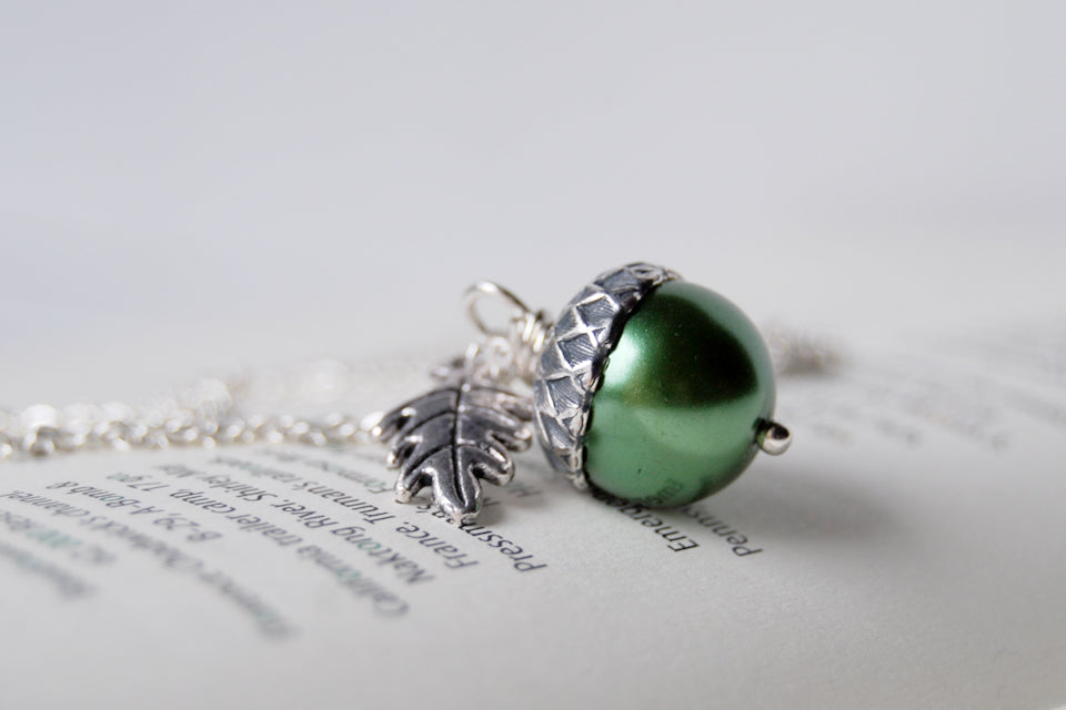 Spring and Silver Pearl Acorn Necklace | Cute Nature Acorn Charm Necklace | Fall Acorn Necklace | Woodland Pearl Acorn | Nature Jewelry - Enchanted Leaves - Nature Jewelry - Unique Handmade Gifts