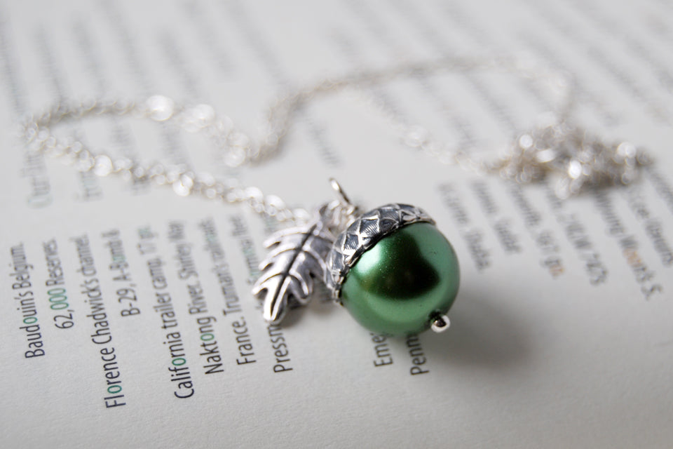 Spring and Silver Pearl Acorn Necklace | Cute Nature Acorn Charm Necklace | Fall Acorn Necklace | Woodland Pearl Acorn | Nature Jewelry - Enchanted Leaves - Nature Jewelry - Unique Handmade Gifts