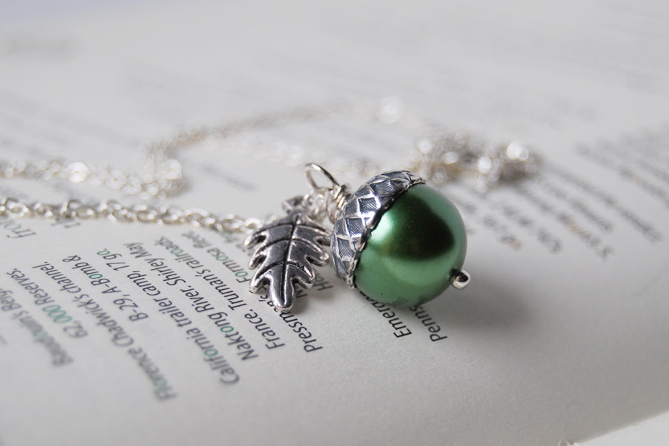 Spring and Silver Pearl Acorn Necklace | Cute Nature Acorn Charm Necklace | Fall Acorn Necklace | Woodland Pearl Acorn | Nature Jewelry - Enchanted Leaves - Nature Jewelry - Unique Handmade Gifts